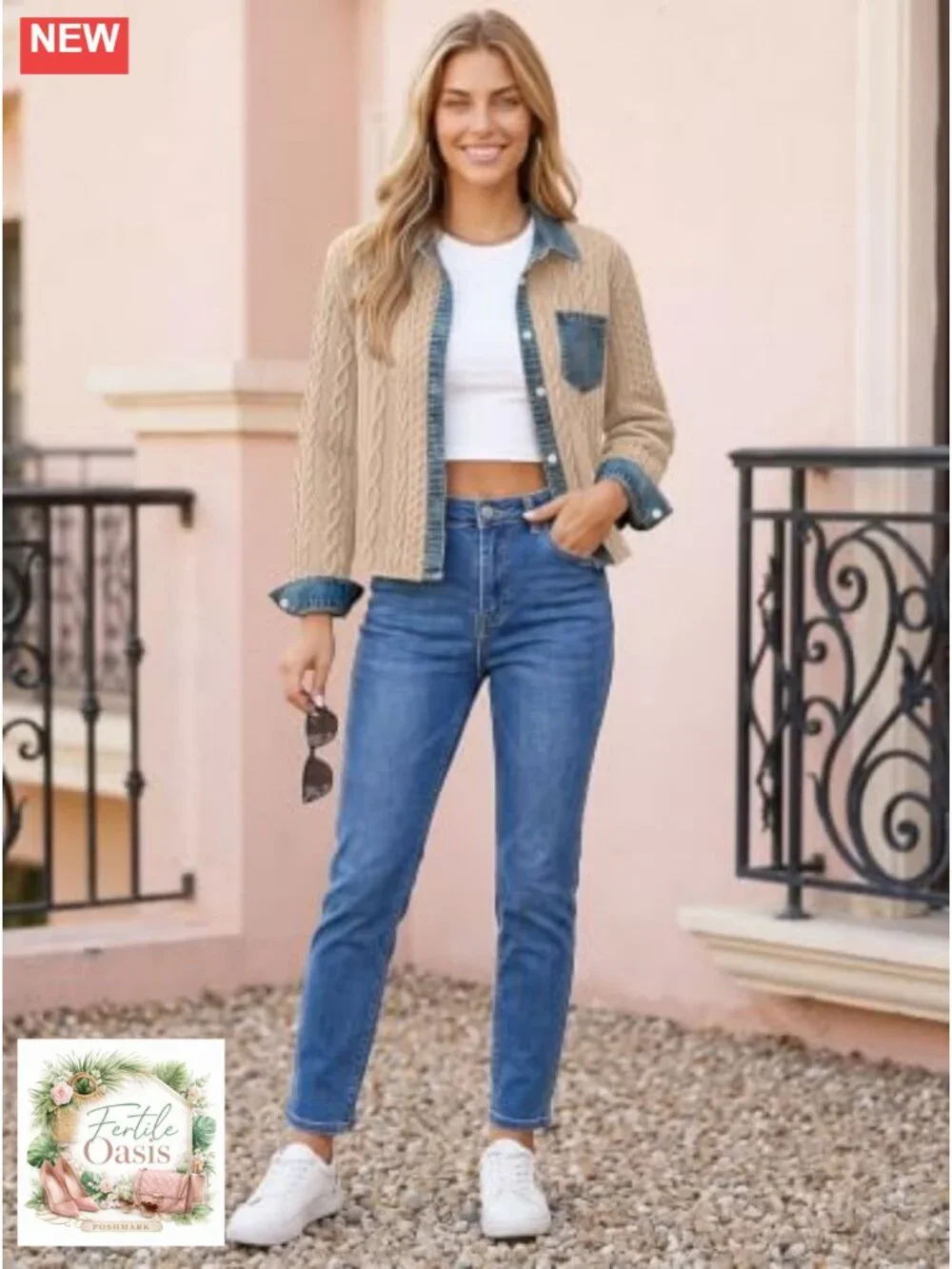 Disamer Women's Cropped Denim Collared Bomber Jacket Knit Shacket